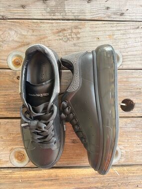 Alexander McQueen Black Leather Sneakers with Crystal Heel Trim